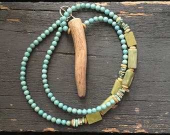 Earth Tone Blue and Green Deer Antler Tine Necklace