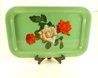 Tin Litho Serving Tray Red and White Roses on Green Background