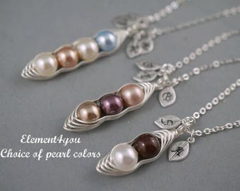 1 2 3 4 5 Peas a pod leaf initial necklace Swarovski pearl Pendant Wire wrapping Silver Bridesmaid gift Maid of honor Bridal party Wedding