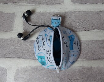blue cat earphone organizer, cat headphone case, handbag tidy, cat lover, earbud case
