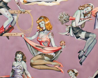 Cotton Quilting Fabric by the Yard- Alexander Henry - Beauties and Brains Mauve Pinups Rockabilly