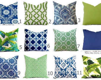 Outdoor Pillows or Indoor Custom Cover - Navy Blue Green Lime with Ivory multiple sizes 18 x 18, 16x16, 20x20