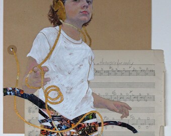 Rapt- Original Drawing and Collage on Vintage Paper