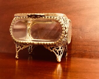 Vintage Gold Ormolu Jewelry Casket, Gold filigree Trinket Box, beveled glass and tufted champagne velvet cushion, Gift for Her, Gift Box
