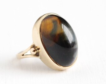 Sale - Hawk's Eye Ring - Antique Victorian 10k Rosy Yellow Gold Quartz Cabochon - Size 4 3/4 Gray Brown Oval Chatoyant Gem Statement Jewelry