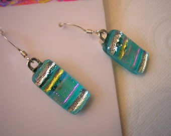 Aqua Silver Earrings, Dichroic Fused Glass, .925 Sterling Earwires, Gift For Her, Home Crafted Jewelry, Blue Dangle Earrings, Color Shifting