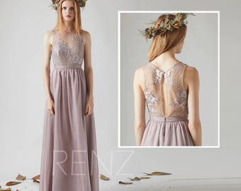 Bridesmaid Dress Rose Gray Chiffon Dress Wedding Dress,Illusion Boat Neck Maxi Dress,Lace Back Party Dress,Sleeveless Evening Dress(T194)
