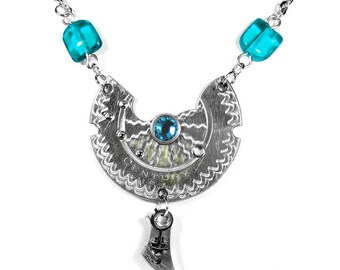 Steampunk Jewelry Necklace Vintage GUILLOCHE ETCHED Pocket Watch,TURQUOISE Crystals Beads, Ornate Dangle Womens Gift - by Steampunk Boutique