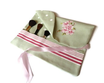 Makeup Brush Roll Pink & Green Cosmetic Brush Travel Accessory Beauty Gift
