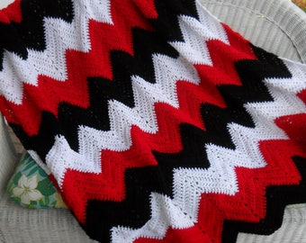 Crocheted Afghan (XLarge 68inWx64inL) - Throw - Blanket - Coverlet - Bedspread - Gift - "CHEVRONS" in Black and Red and White