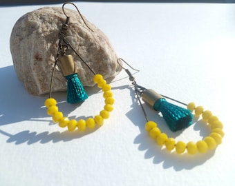 Teal and yellow tassel earrings