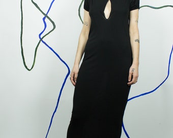 STEPHEN BURROWS 80s Black Jersey Gown SIZE 8 Vintage Stretch Bias Cut Train