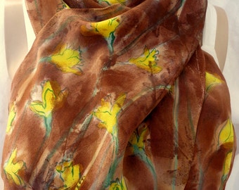 silk scarf hand painted Forest Daffodils crepe unique long brown yellow wearable art women floral watercolor fashion