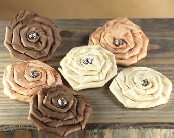 Prima Flowers: Allure - 553111 Mocha cream caramel chocolate rhinestone fabric flowers. Rolled Rosette Rose Bud Neutral Fabric Flowers.