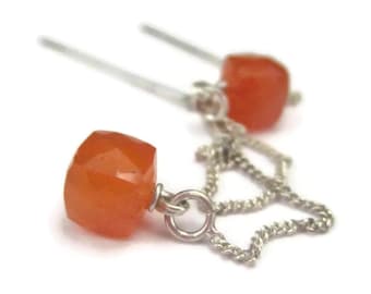Orange Threader Earrings in Sterling Silver Long Carnelian Gemstone Ear Threads Cube