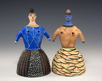 Sculpted Salt and Pepper Set - Two Skirted Lady Figures - Sculpted Ceramic - Jenny Mendes Sculpted Set
