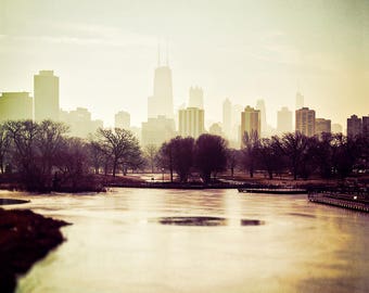 Chicago Skyline, Cityscape Art, Chicago Wall Art, Lincoln Park Art, city photography, Burgundy, beige, foggy skyline, north pond, photograph