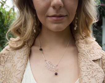Leaf, Fern Branch Asymmetric Pearl and Silver Necklace in Brown and Mauve