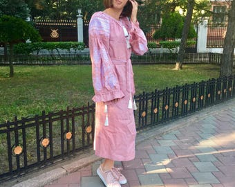 Ukrainian vyshyvanka midi dress - pink soft and thin 100% linen - white geometric ancient slavic embroidery - boho chic ethnic modern folk