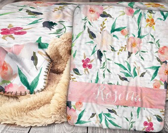 Personalized Blanket - Sherpa Throw Blanket - Floral Blanket - Wildflowers Blanket - Personalized Name Blanket - Baby Blanket - Sherpa