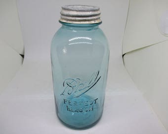 Vintage 2 quart Ball Canning Jar Blue glass #1 metal and porcelain lid