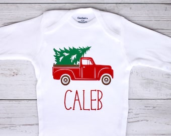 Christmas truck onesie | Personalized name, Christmas, boy onesie, truck onesie, my first Christmas, truck, Christmas tree, toddler shirt