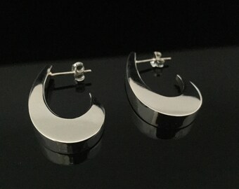 Crescent Hoop Earrings - 925 Sterling Silver - High Polished - Post Backings -- Hoop Earrings
