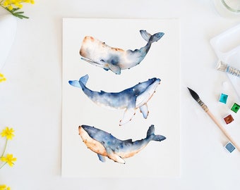 Whale print, Watercolor whale, ocean, sea life, wildlife, animal art, bathroom decor, wall art, original art print, coral reef, illustration