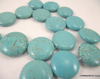 Blue Green Magnesite Beads, Puffed Round Beads, 25 - 26 mm, 8 Inch Strand, Whole Strand
