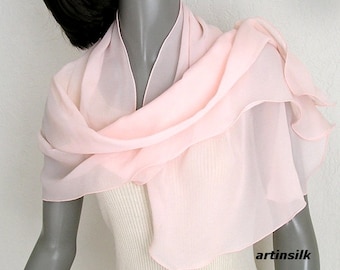 Peach Pink Coverup Sheer Silk Scarf, Unique Hand Dyed Silk Chiffon Scarf, Hand dyed, Petite Wrap, S XS Shawl, Gift for Girl, Artinsilk.