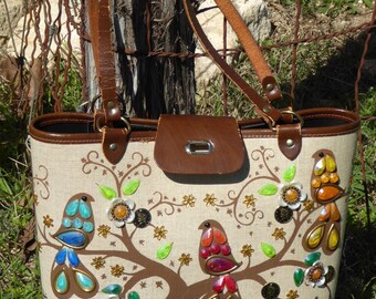 Vintage Enid Collins Canvas Leather Bucket Purse "Sittin' in a Treetop" , Sittin' in a Treetop Enid Collins Texas Bag, Texas 1960's
