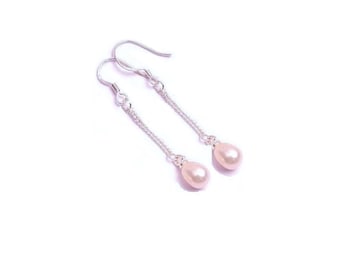 Peach Freshwater Pearl Dangle Earrings , 12MM Freshwater Pearls , Sterling Silver