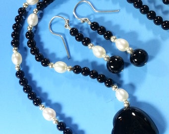 Black Onyx Heart Necklace with Pearls and Matching Earrings