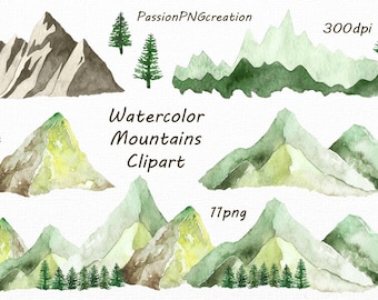 Watercolor Mountains Clipart, PNG, hand painted, Watercolour Mountain clip art, Hills,mountain graphics, For Personal and Commercial Use