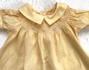 yellow baby dress . smocked baby dress . embroidered baby dress . 6-9 months . pale yellow baby dress