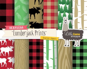 Lumberjack Digital Paper, Buffalo Plaid Digital Paper, Red and Black Flannel Plaid Pattern, Seamless Forest Paper, Commercial Use