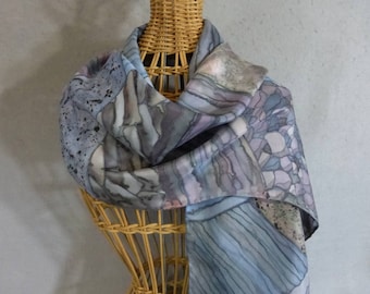 Silk Scarf "Blue Rock Strata", Hand Painted Silk Scarf, Light Blue Scarf
