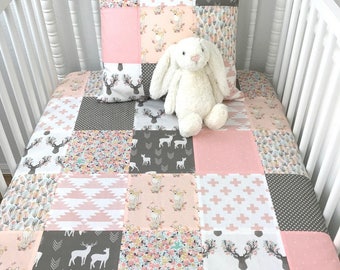Woodland Baby Blanket Woodland Baby Girl Woodland Nursery Decor Baby Shower Gift Blush Pink Gray Grey White Deer Feathers Fawn Baby Gift
