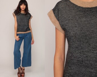 70s Knit Top Striped Shirt Boho Cap Short Sleeve Sweater Top Black Tan Bohemian Retro Tee Vintage Slouch 80s Small