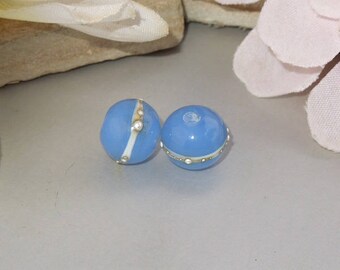 Handmade Lampwork Glass Round Bead Pair SRA DIY-Bastets Beads- Silver Periwinkle