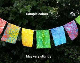 String of Seven Prayer Flags: batik colorful Tibet Buddhist mindful spiritual wishes gift decorative bunting summer yard intentions peace