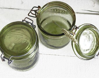 Pot vert Canning, récipients en verre vert, verts pots, Antique Canning bocal, bocal en verre vert avec couvercle, E780 pots verre Vintage