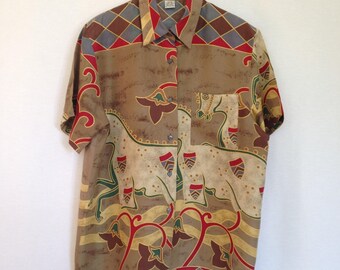 1990s silk horse-print blouse, sz 10