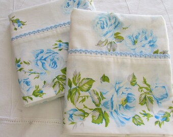 Vintage Double Flat Sheet and Pillowcases Set - Blue Roses - 70s Linen - Cutter Fabric - Retro Linen - Tex Made - Cottage Chic