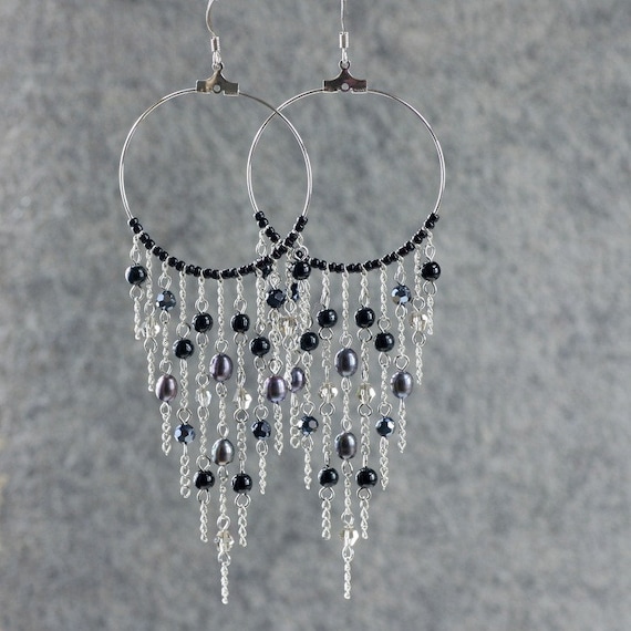 Black pearl big hoop chandelier Earrings Bridesmaids gifts