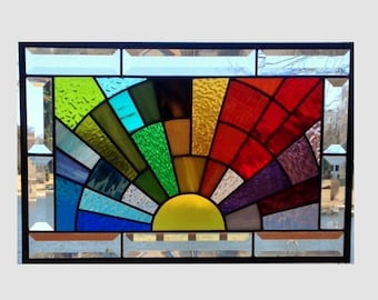 Beveled stained glass window panel rainbow arch geometric stained glass panel window hanging abstract suncatcher 0342 17 1/2 x 11 1/2