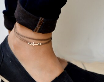 Cross wrap anklet, ankle bracelet with silver cross charm, christian catholic jewelry, brown cord, gift for her, bridesmaids gift, spiritual