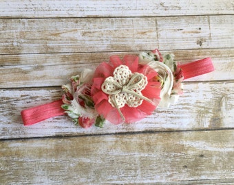 Coral Headband, Coral Baby Headband, Baby Headband, Newborn Headband, Infant Headband, Baby Girl Headband, Headband, Shabby Chic Headband
