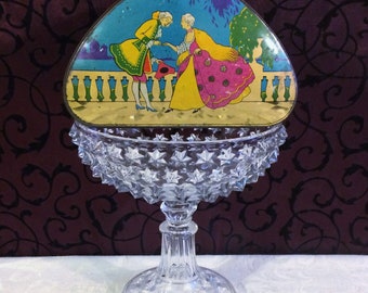 Gorgeous 1920s Lyon’s Toffee Candy Tin, Art Deco 1700s Courtship Couple Garden Veranda, Vintage Antique Box, Hoop Skirt