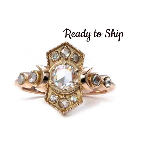 Ready to Ship Size 6 - 8 - Old Soul Moissanite Moon Ring - Antique Styled 14k Rose Gold Engagement Ring